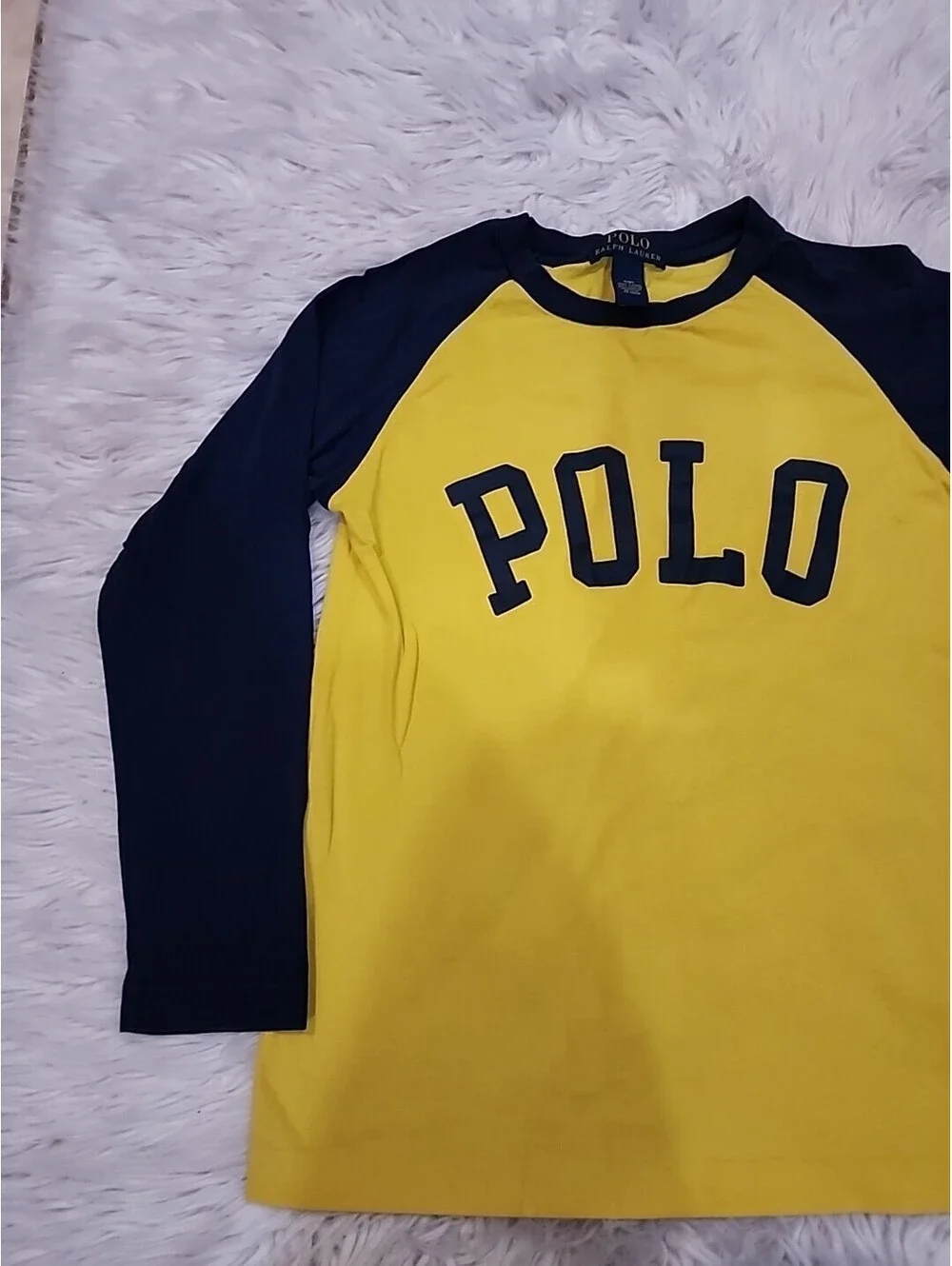 Polo Ralph Lauren Boys S8 Shirt Yellow Navy Sleeves Graphic POLO RN 41381 56658
